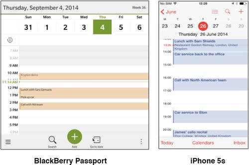 Calendars on the BlackBerry Passport and iPhone 5s