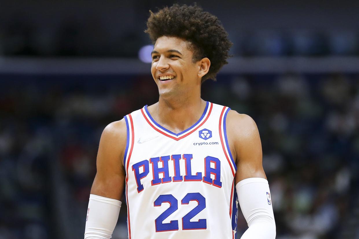Matisse Thybulle #22 of the Philadelphia 76ers reacts against the New Orleans Pelicans during the first half at the Smoothie King Center on October 20, 2021 in New Orleans, Louisiana.
