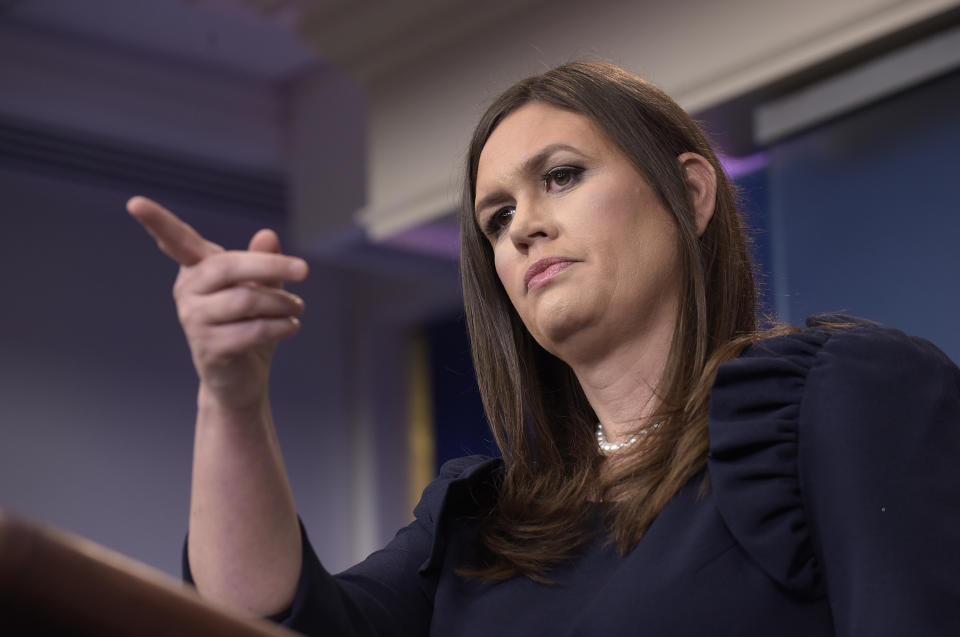 White House press secretary Sarah Huckabee Sanders speaks at the daily briefing at the White House on Aug. 1. (Photo: Susan Walsh/AP)