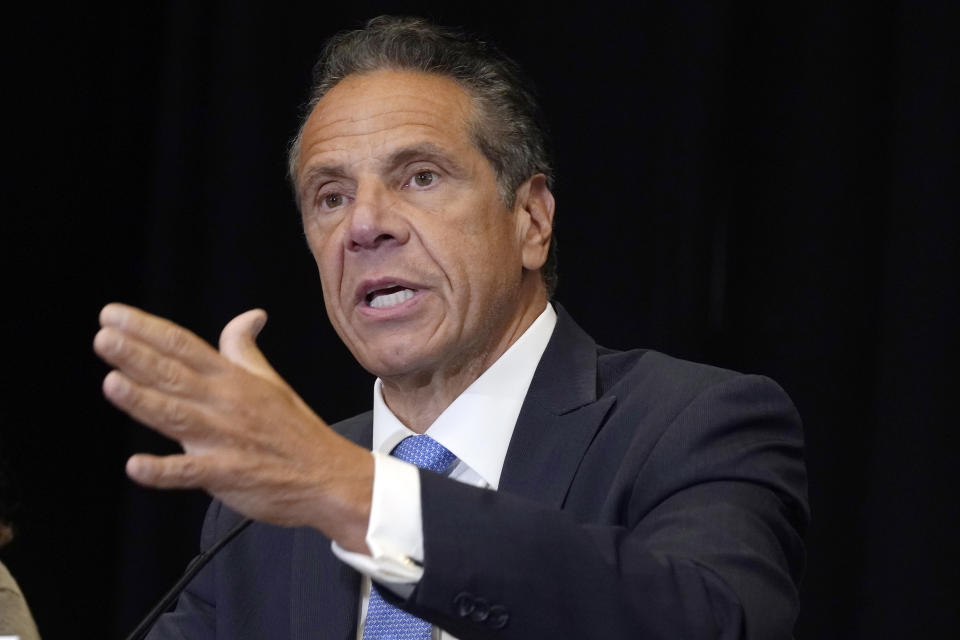 FILE - New York Gov. Andrew Cuomo speaks during a news conference at New York's Yankee Stadium, Monday, July 26, 2021. Members of New York’s ethics commission have voted overwhelmingly to rescind approval of Cuomo’s $5.1 million book deal, Tuesday, Nov. 16. (AP Photo/Richard Drew, File)