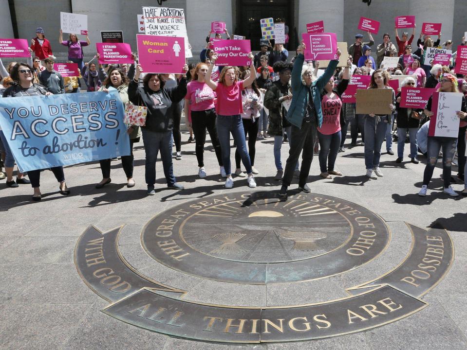 At The Stop The Bans pro choice protesters at the Ohio Statehouse in May 2019 against bans against abortion that states have enacted including Ohio. Ohio's mandate that abortion clinics have transfer agreements with hospitals will stay in place after the Supreme Court struck down a similar law in Louisiana.