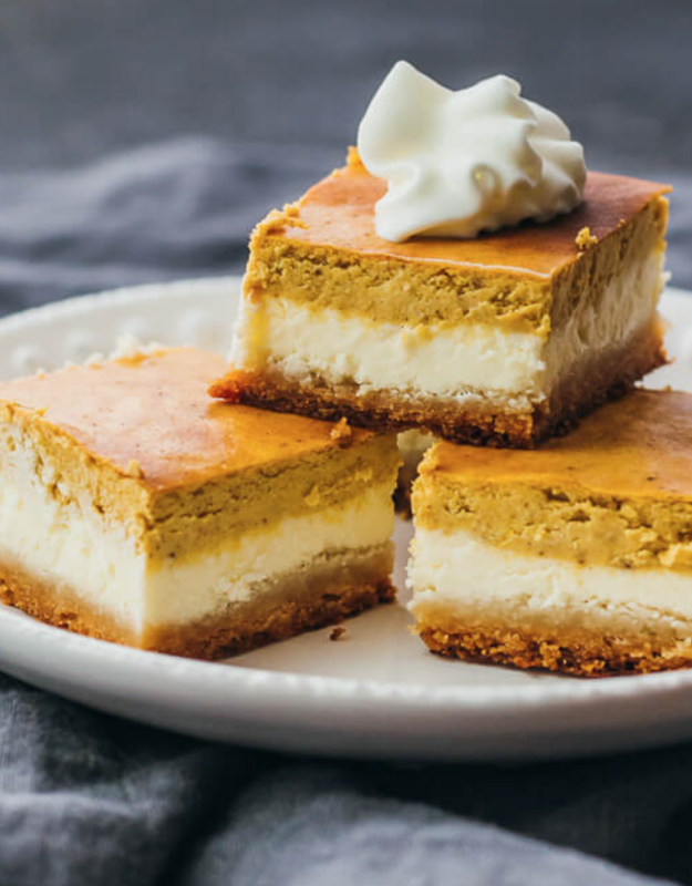 <p>Savory Tooth</p><p>These low-carb dessert bars represent the best of both worlds—part pumpkin pie and part cheesecake, so you can get both flavors in a single bite. </p><p><strong>Get the recipe: <em><a href="https://www.savorytooth.com/pumpkin-cheesecake-bars/" rel="nofollow noopener" target="_blank" data-ylk="slk:Low Carb Pumpkin Cheesecake Bars;elm:context_link;itc:0;sec:content-canvas" class="link rapid-noclick-resp">Low Carb Pumpkin Cheesecake Bars</a></em></strong></p>