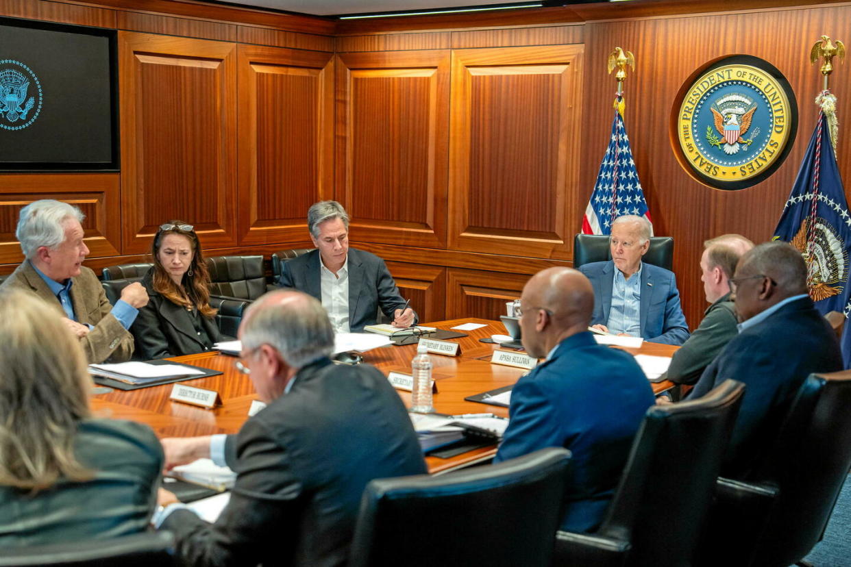 Joe Biden dans la « Situation Room » de la Maison-Blanche après l'attaque de l'Iran contre Israël, le 13 avril 2024.  - Credit:Sipa USA/SIPA