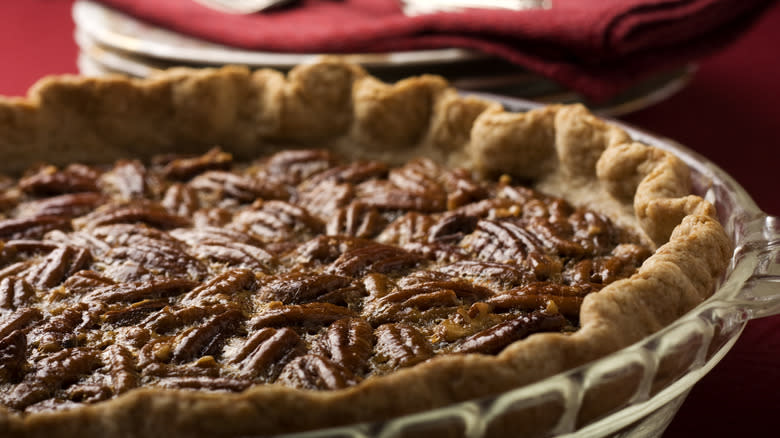 Pecan pie in a glass dish