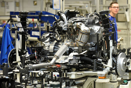 An engine of a Golf VII car is pictured on a production line at the plant of German carmaker Volkswagen in Wolfsburg, Germany, May 20, 2016. REUTERS/Fabian Bimmer/File Photo