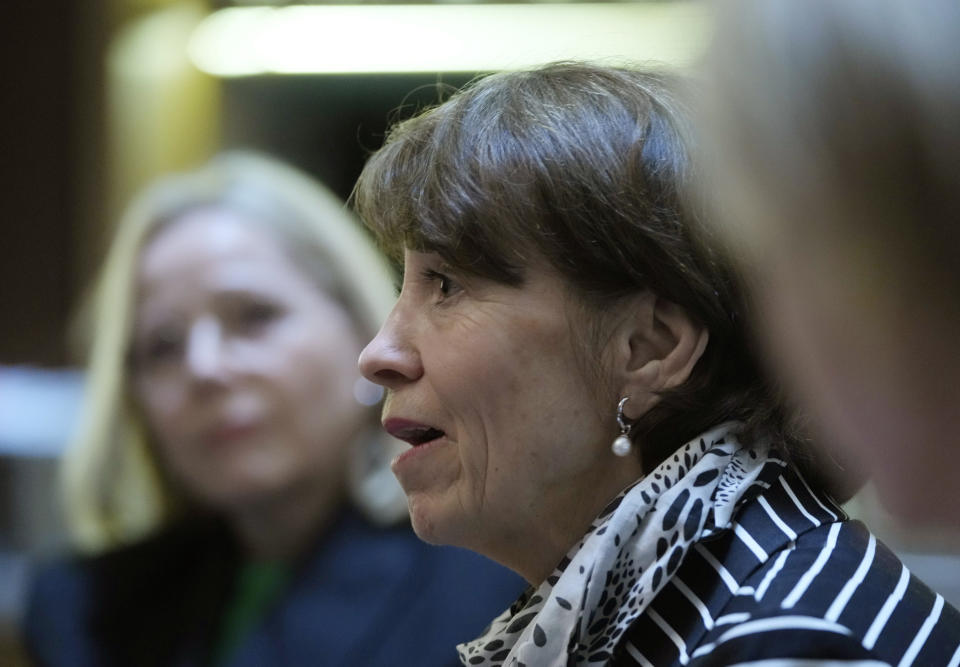 Anna Singer, a Swedish expert leading the country's investigation into its international adoption practices, speaks during an interview in Seoul, South Korea, Tuesday, March 21, 2023. Singer said Tuesday she’s trying to determine whether Swedish authorities were aware of falsified child origins as they approved the adoptions of thousands of South Korean children. (AP Photo/Ahn Young-joon)