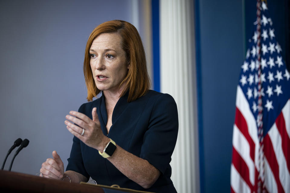 Jen Psaki, White House press secretary, speaks during a news conference in the James S. Brady Press Briefing Room at the White House in Washington, D.C., U.S., on Friday Sept. 24, 2021. (Al Drago/Bloomberg via Getty Images)