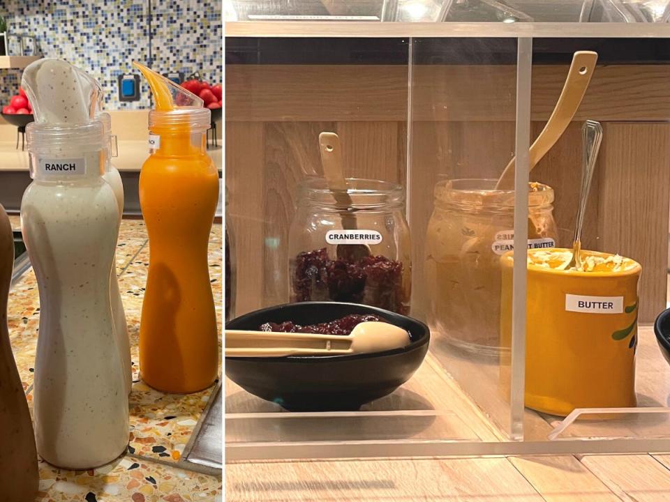 An image of salad dressing bottles and oatmeal toppings.