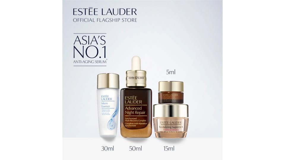 [Limited Edition] Estee Lauder Skincare Set Including Advanced Night Repair Synchronised Multi-Recovery Complex, Nighttime Necessities Repair + Lift + Hydrate Skincare Set. (Photo: Lazada SG)