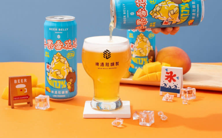 啤酒肚釀製攜手LINE FRIENDS推出「芒果雪花冰啤酒」，6/8起於全台7-11登場，還有啤酒3件79折、6件77折優惠活動。（89元／500ml，圖／啤酒肚釀製提供）