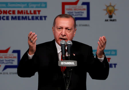 FILE PHOTO: Turkish President Tayyip Erdogan speaks during a meeting of his ruling AK Party to announce candidates for local elections in March 2019, in Istanbul, Turkey November 24, 2018. REUTERS/Murad Sezer/File Photo