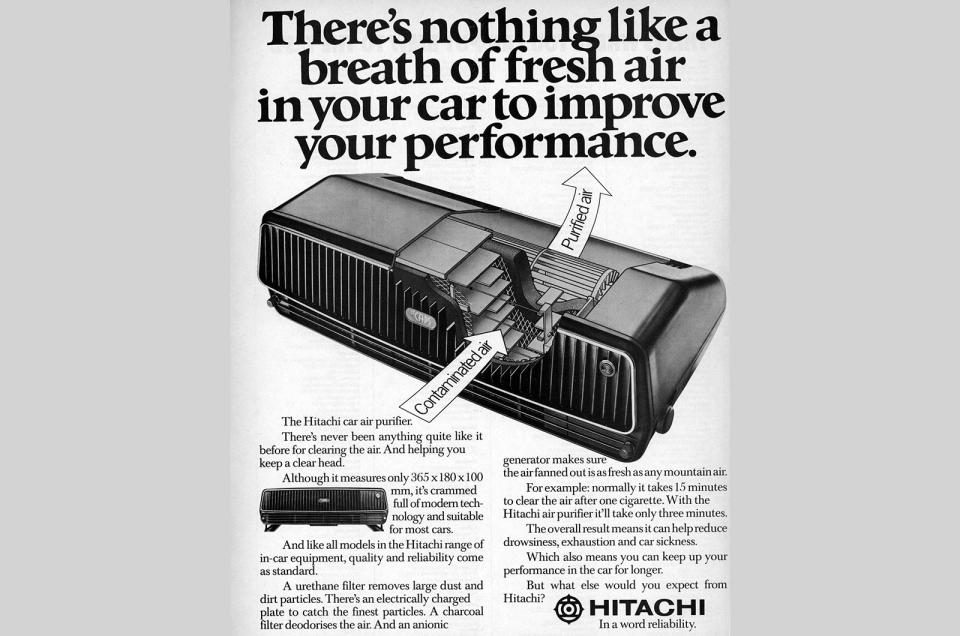 <p>In the 1980s things had progressed beyond mere heating and cooling, with Hitachi offering this wonderful gadget – an air purifier for your car's cabin. We wonder how many were sold.</p>