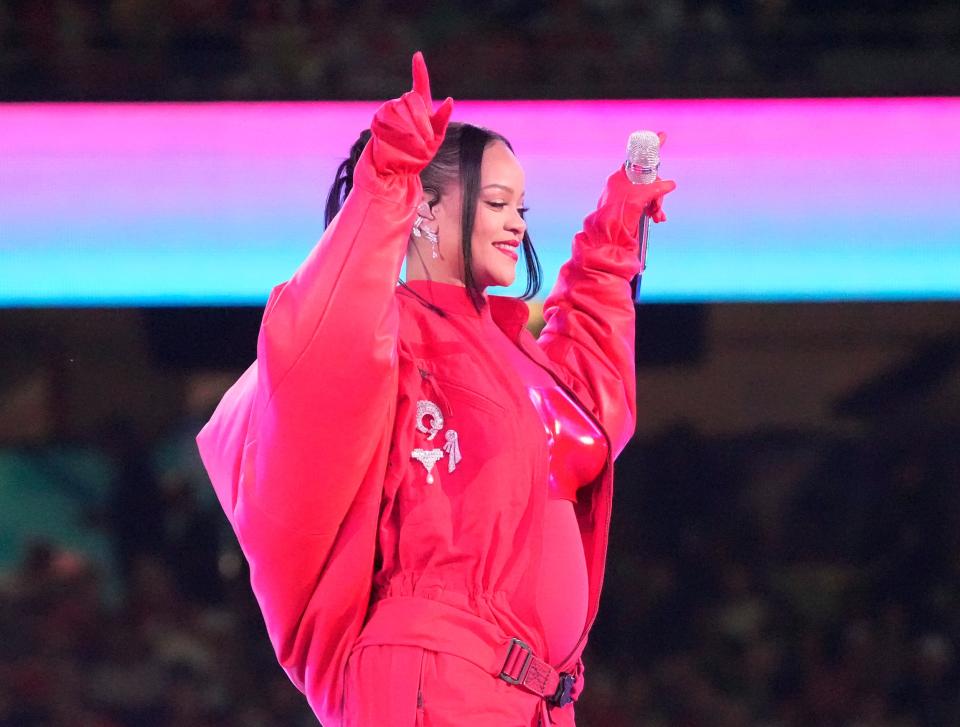 Rihanna performs during halftime of the 2023 Super Bowl.