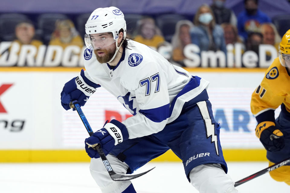 FILE - In this April 10, 2021, file photo, Tampa Bay Lightning defenseman Victor Hedman (77) skates against the Nashville Predators in the second period of an NHL hockey game in Nashville, Tenn. (AP Photo/Mark Humphrey, File)