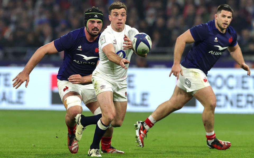 George Ford of England passes the ball during the Guinness Six Nations 2024 match between France and England
