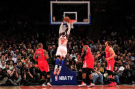 NEW YORK, NY - APRIL 25: Carmelo Anthony #7 of the New York Knicks dunks the ball against the Los Angeles Clippers at Madison Square Garden on April 25, 2012 in New York City. NOTE TO USER: User expressly acknowledges and agrees that, by downloading and/or using this Photograph, user is consenting to the terms and conditions of the Getty Images License Agreement. (Photo by Chris Trotman/Getty Images)