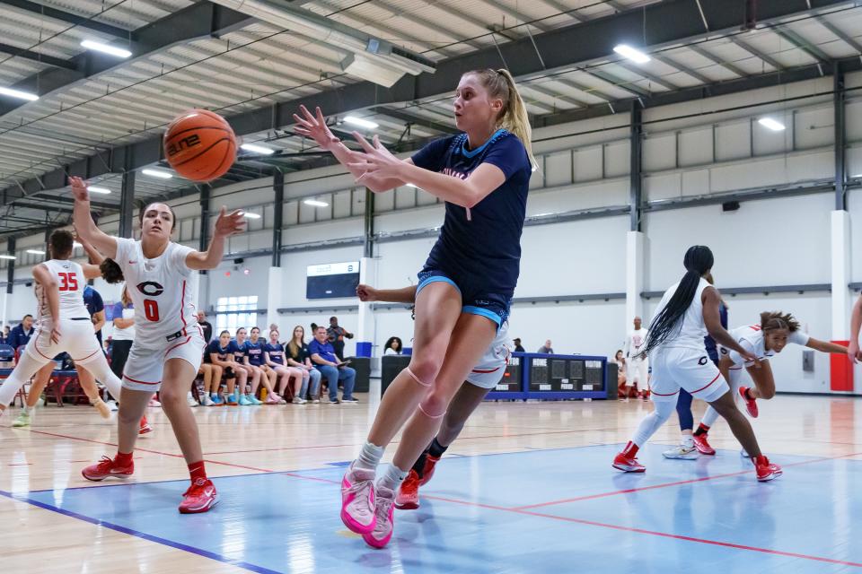 The ball is passed to Heather Stedman (1) of Pinnacle High School during a game at the Nike Tournament of Champions at Legacy Sports Park on Dec. 18, 2023, in Mesa.