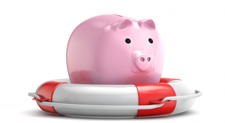 protection piggy bank (safe investments) with lifebuoy isolated white background with clipping path