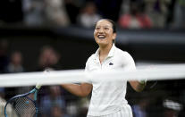 France's Harmony Tan celebrates after beating Serena Williams of the US in a first round women’s singles match on day two of the Wimbledon tennis championships in London, Tuesday, June 28, 2022. (John Walton/PA via AP)