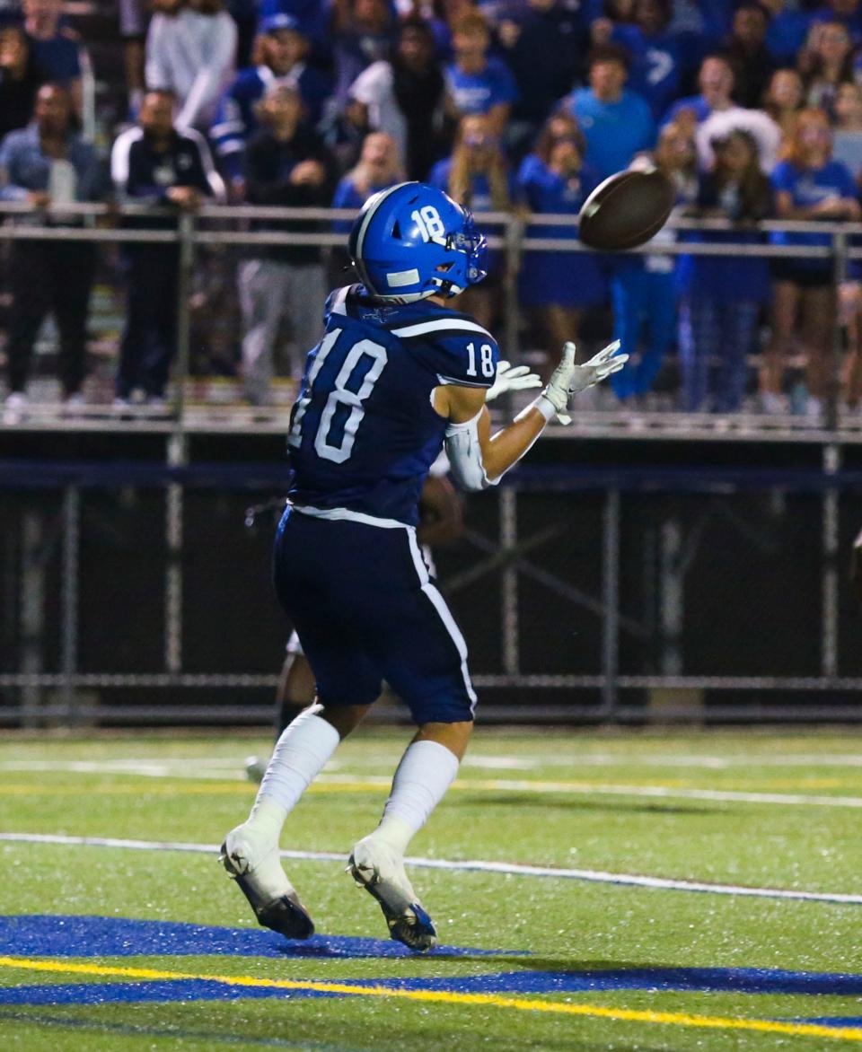 Middeltown's Noah Kracyla waits in the end zone to receive the go-ahead touchdown with 13 seconds to play in the fourth quarter of the Cavaliers' 21-14 win against Smyrna at Cavalier Stadium, Friday, Sept. 16, 2022.