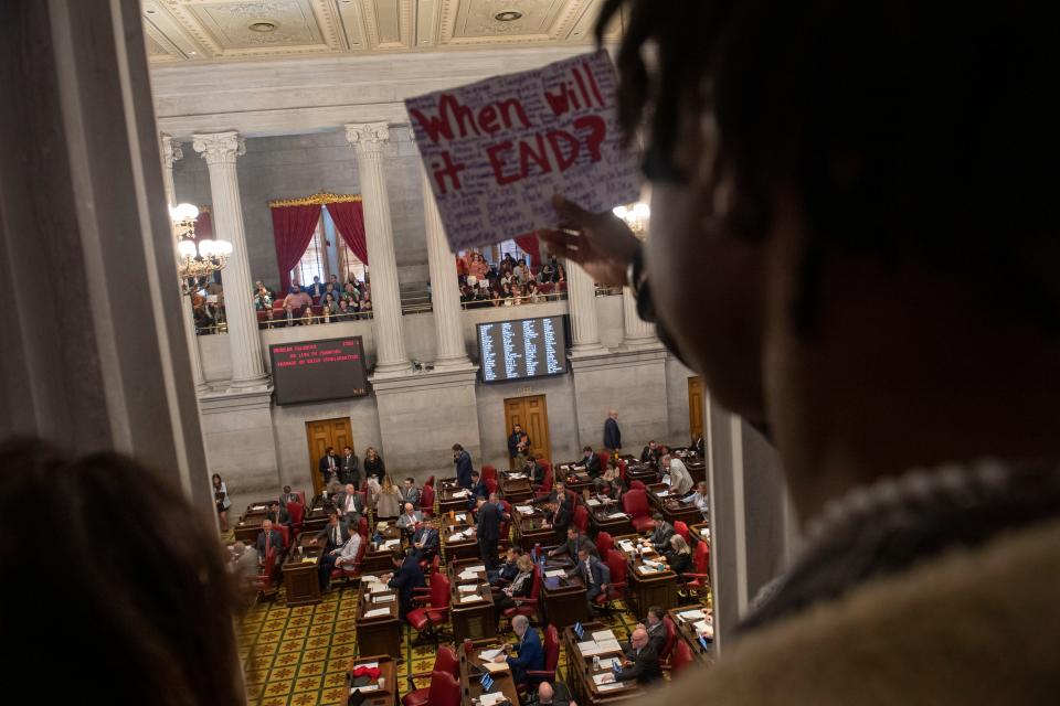 Protesters fill the House gallery as representatives hold session at the State Capitol Building  in Nashville , Tenn., Thursday, March 30, 2023.
