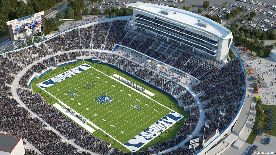 An updated interior rendering of what Simmons Bank Liberty Stadium would look like if all three phases of its planned $220 million renovation are completed. It would include a new tower of premium suites, club seating and a "party plaza" on the west side of the stadium.