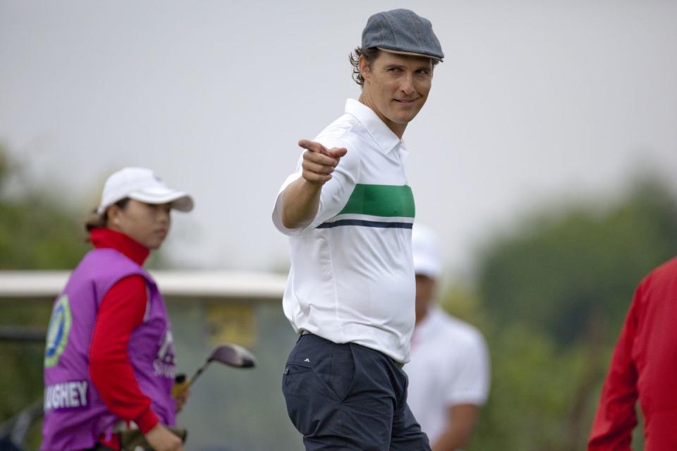 <p>Matthew McConaughey gestures during the Mission Hills Star Trophy at Blackstone Course in October 2010.</p>