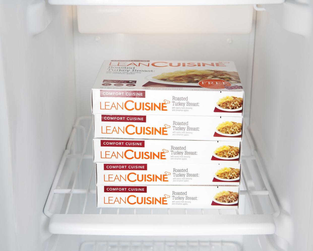 Chillicothe, Ohio, USA - March 15th, 2011: Lean Cuisine Roasted Turkey Breast frozen dinner, distributed by Nestle, in a residential freezer.
