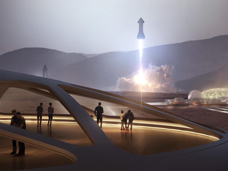 An artist's rendering shows a Starship blasting off from Mars, next to colonies of humans, in a theoretical future.