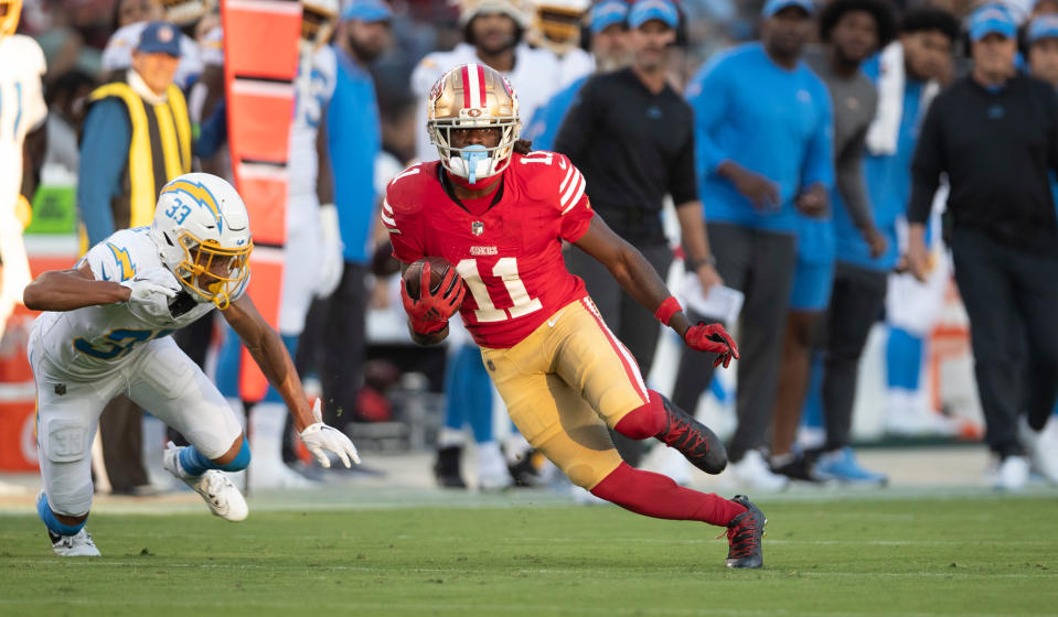 Brandon Aiyuk of the San Francisco 49ers has been the subject of trade talks with multiple teams this week. (Photo by Michael Zagaris/San Francisco 49ers/Getty Images)