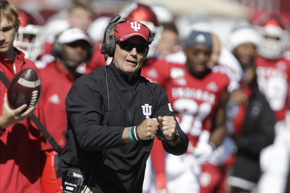 In this photo taken on Saturday, Oct. 12, 2019, Indiana head coach Tom Allen yells during the first half of an NCAA college football game against Rutgers, in Bloomington, Ind. The Hoosiers could be headed to a second straight bowl game despite a brutal schedule that begins with Penn State visiting Bloomington, Indiana, on Oct. 24.(AP Photo/Darron Cummings)