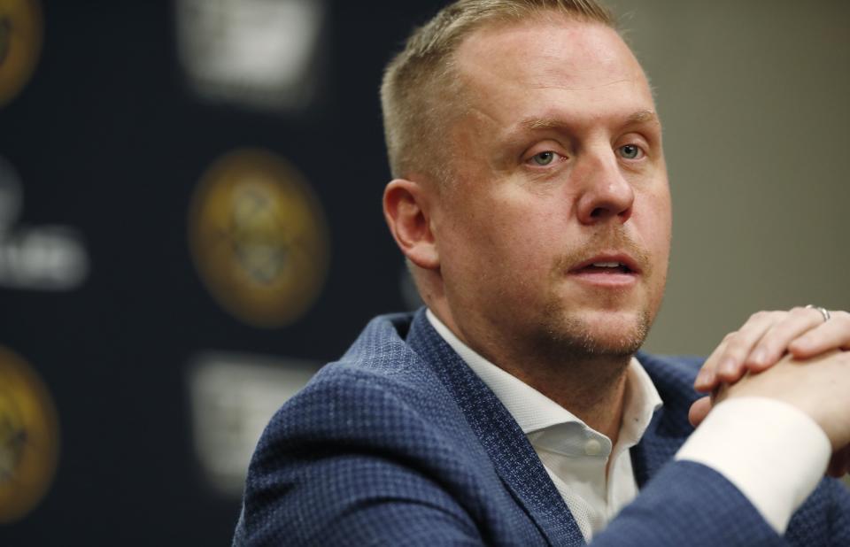 FILE - Denver Nuggets president of basketball operations Tim Connelly considers a question during a news conference on May 21, 2019, in Denver. A person familiar with the situation tells The Associated Press on Thursday, May 19, 2022, that Connelly is in discussions with the Minnesota Timberwolves about their vacant president of basketball operations role. (AP Photo/David Zalubowski, File)