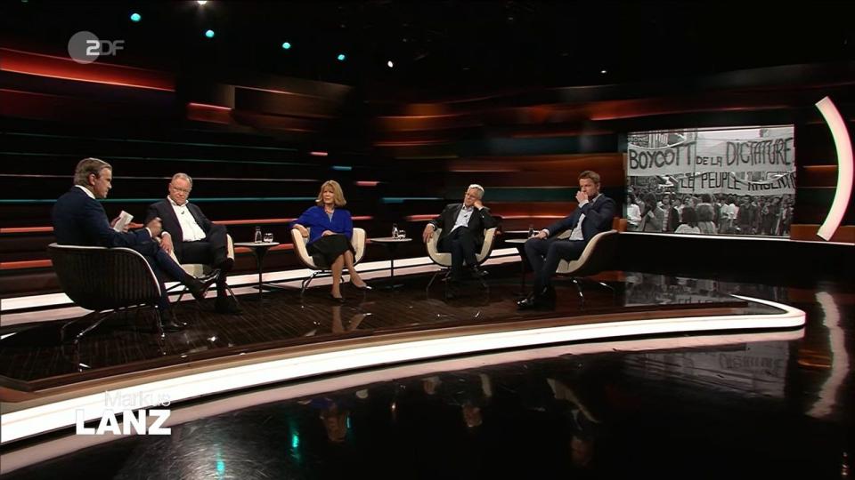 Die Talkrunde vom 24. November: (von links) Gastgeber Markus Lanz, Ministerpräsident Stephan Weil, Journalistin Petra Pinzler, Geophysiker Hans-Joachim Kümpel, Journalist Ronny Blaschke. (Bild: ZDF)