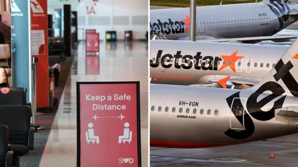 A sign at Sydney Airport warning people to keep social distancing on the left, and three Jetstar planes on the tarmac on the right.