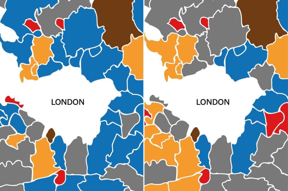 Before and after: This graphic shows the impact the May local elections have had on the political map around London (PA)