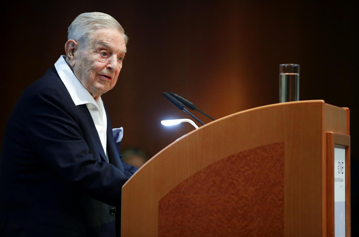 Billionaire investor George Soros speaks to the audience at the Schumpeter Award in Vienna, Austria June 21, 2019. REUTERS/Lisi Niesner