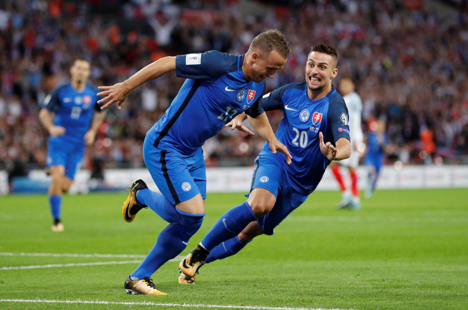 <p>Soccer Football – 2018 World Cup Qualifications – Europe – England vs Slovakia – London, Britain – September 4, 2017 Slovakia’s Stanislav Lobotka celebrates scoring their first goal with Robert Mak (R) REUTERS/Darren Staples </p>