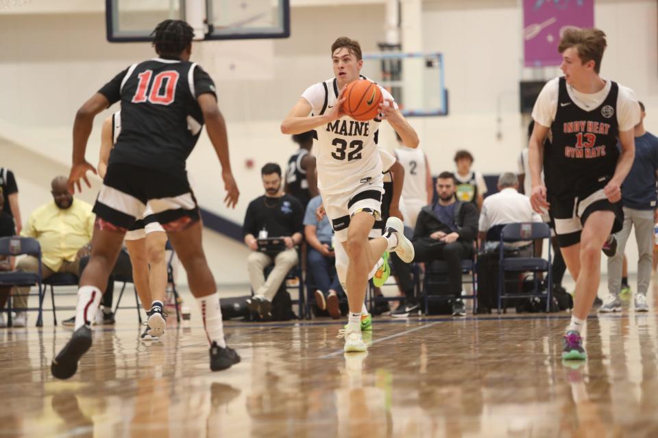 Maine United’s Cooper Flagg looks to make a pass during a fast break against Team Indy Head during the Nike EYBL Session 4 on May 27, 2023 at Memphis Sports and Events Center in Memphis, Tenn.