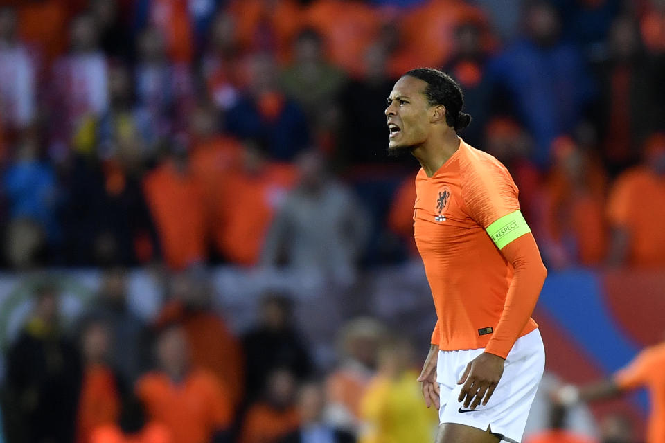 Netherlands' Virgil Van Dijk gestures during the UEFA Nations League semifinal soccer match between Netherlands and England at the D. Afonso Henriques stadium in Guimaraes, Portugal, Thursday, June 6, 2019. (AP Photo/Martin Meissner)