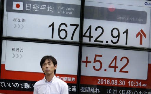 A man walks past an electronic stock board showing Japan's Nikkei 225 index at a securities firm in Tokyo, Tuesday, Aug. 30, 2016. Asian shares were mostly higher Tuesday as hopes continued for a U.S. Federal Reserve interest rate cut later this year. (AP Photo/Eugene Hoshiko)