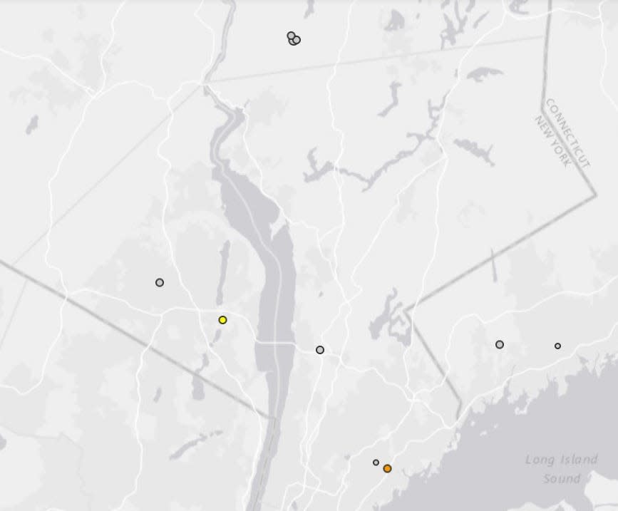 A map shows the locations of earthquakes that have been recorded in the Lower Hudson Valley between 2017 and October 2019.