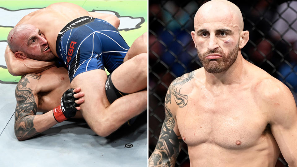 Alexander Volkanovski, pictured here after escaping a number of submissions from Brian Ortega.