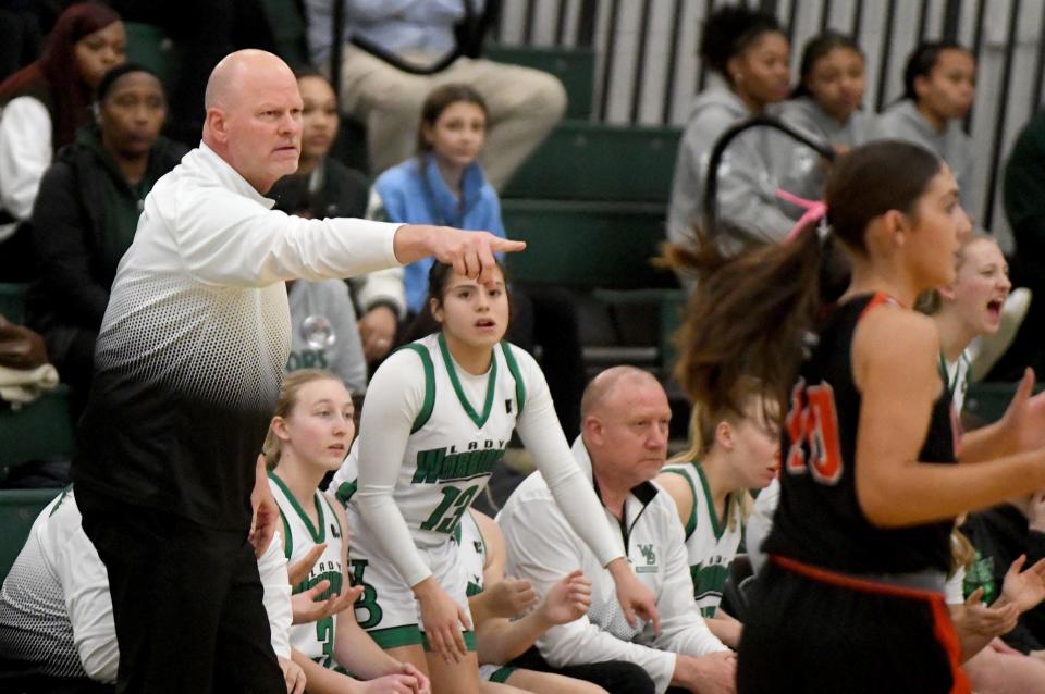 West Branch Head Coach Walt DeShields coaches from the sidelines in the first half against Chagrin Falls in OHSAA Division II District Semifinals at Nordonia High School. Wednesday, February 28, 2024.