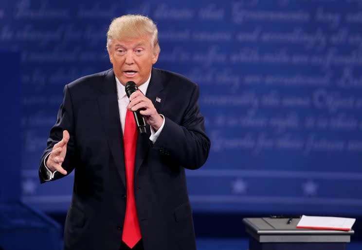 Donald Trump, wearing one of his signature long ties, speaks at the second presidential debate, on Oct. 9. 