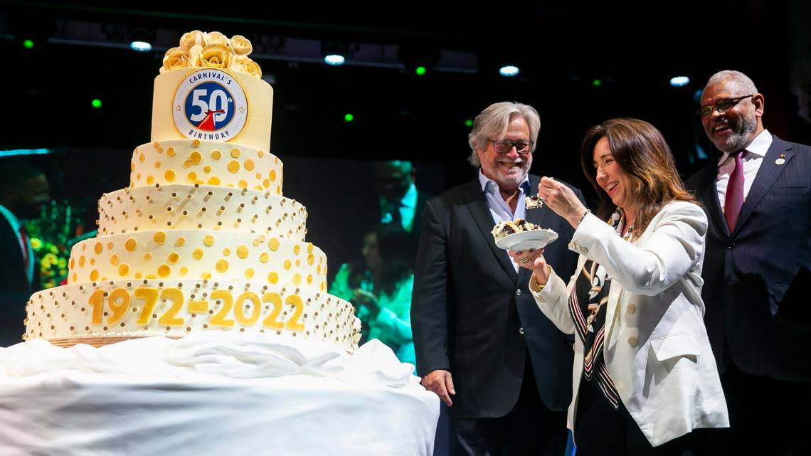 Carnival Cruise Lines executives from left to right: Micky Arison, Christine Duffy and Arnold Donald celebrate Carnival’s 50th Birthday Anniversary event aboard the Carnival Conquest as it was docked at PortMiami on Friday, March 11, 2022.