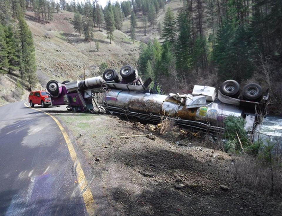 The 53-foot truck rolled onto its roof as it was making its way to the Imnaha River (Oregon Department of Fish and Wildlife)