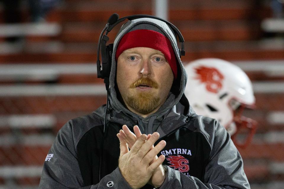 Smyrna head coach Mike Judy reacts during the Smyrna vs. St. Georges football game at Smyrna High, Friday, Nov. 3, 2023. Smyrna won 48-35.