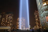 <p>The Tribute in Light rises above the New York City skyline from the rooftop of where the installation was projected on Sept. 11, 2017, the 16th anniversary of the 2001 terrorist attacks. (Gordon Donovan/Yahoo News) </p>