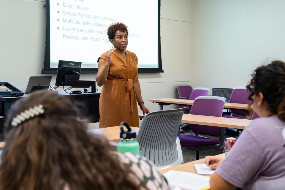 “We’re not talking a quick fix” for the lack of school psychologists, says University of Texas associate professor Kizzy Albritton, seen teaching law, ethics and history of school psychology on Monday.