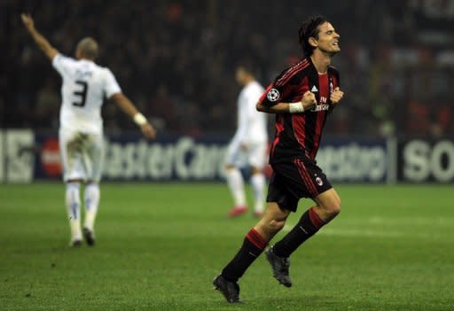 AC Milan's forward Filippo Inzaghi, seen here celebrating scoring a goal against Real Madrid during a Champions League match in 2010, at San Siro stadium in Milan. Inzaghi, Gennaro Gattuso and Alessandro Nesta will end their AC Milan careers against Novara on Sunday as the end of an era is all but completed at the San Siro